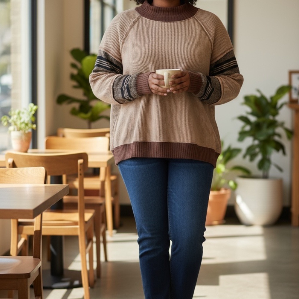 Easel Tan and Brown Striped Women's Sweater